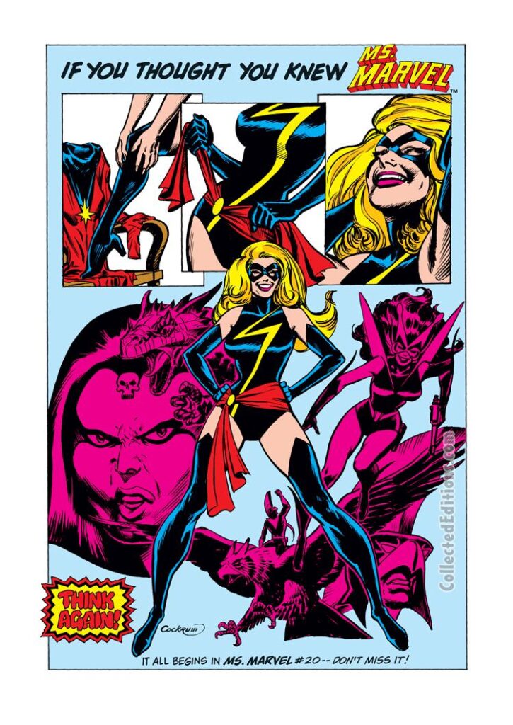 Ms. Marvel #20, house ad; pencils and inks, Dave Cockrum; If You Thought You Knew Ms. Marvel, Captain Marvel, Carol Danvers, Mystique