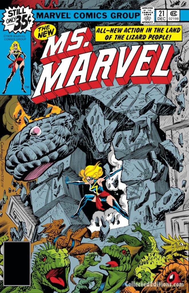 Ms. Marvel #21 cover; pencils, Dave Cockrum; inks, Joe Rubinstein; Lizard People, Carol Danvers, Captain Marvel