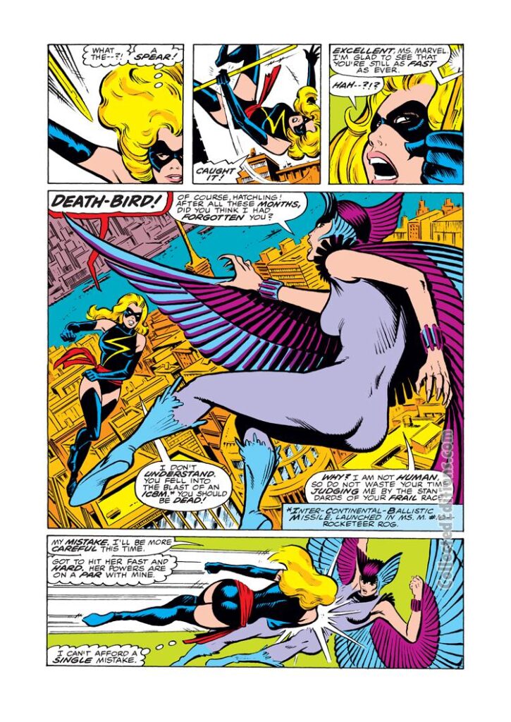 Ms. Marvel #22, pg. 4; pencils, Mike Vosburg; inks, Mike Zeck, Captain Marvel, Carol Danvers, Deathbird