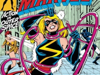 Ms. Marvel #23 cover; layout, Dave Cockrum; pencils, George P&eacute;rez; inks, Joe Rubinstein; Vance Astro, Carol Danvers, Captain Marvel, , Salia Petrie, The Woman Who Fell To Earth