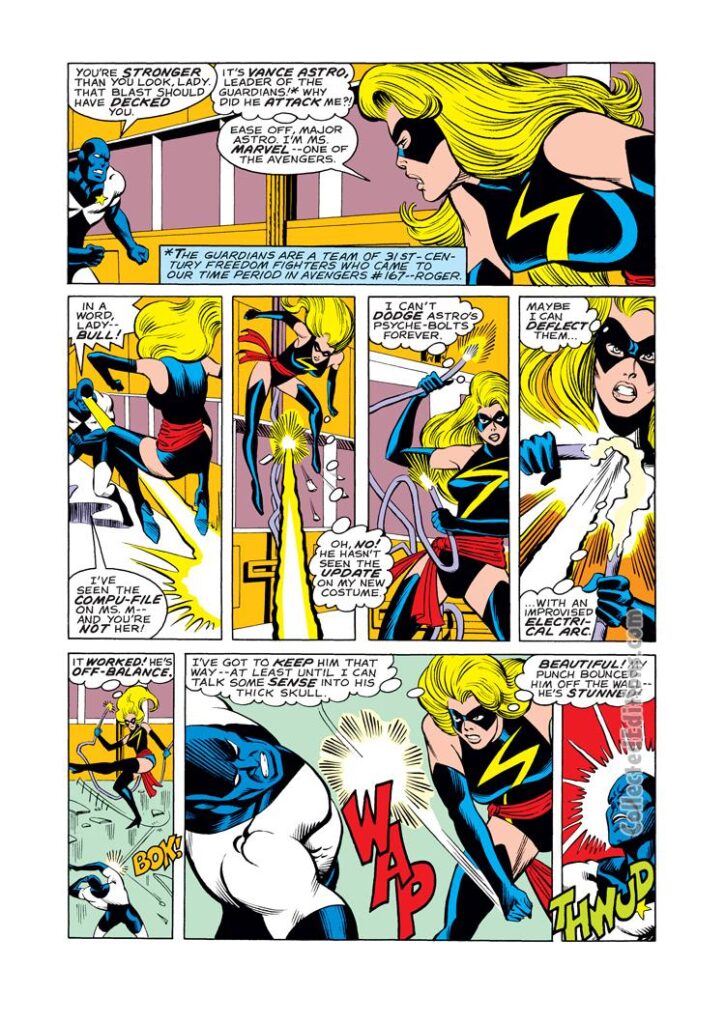 Ms. Marvel #23, pg. 9; pencils, Mike Vosburg; inks, Bruce Patterson; Captain Marvel, Carol Danvers, Vance Astro