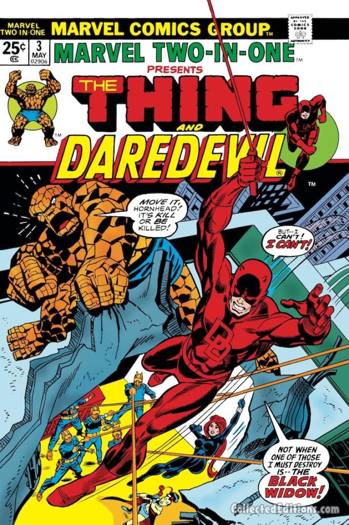 Marvel Two-In-One #3 cover; pencils, Gil Kane; inks, Frank Giacoia, Thing/Daredevil/Black Widow