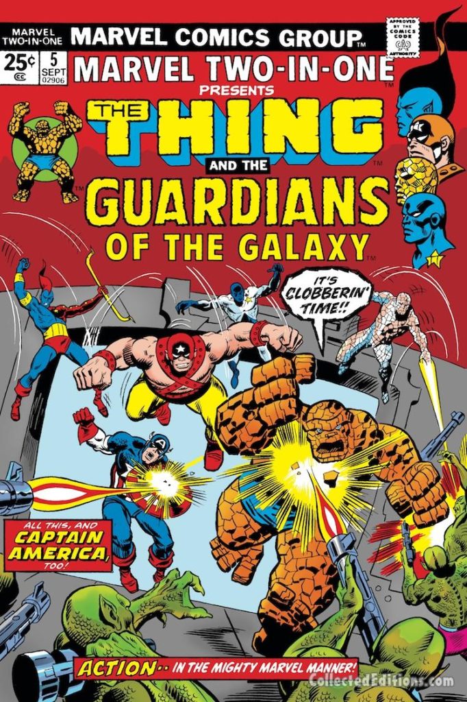 Marvel Two-In-One #5 cover; pencils, John Buscema; Thing/Guardians of the Galaxy/Captain America