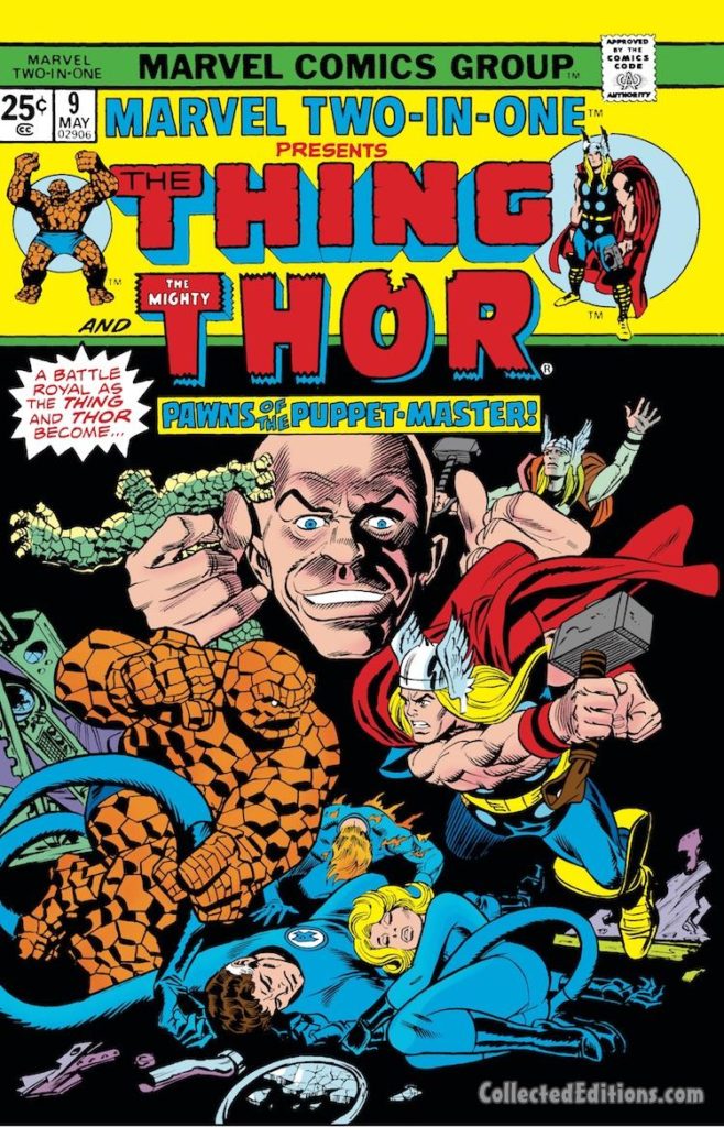 Marvel Two-In-One #9 cover; pencils, Gil Kane; inks, Frank Giacoia; Thing/Thor/Puppet master