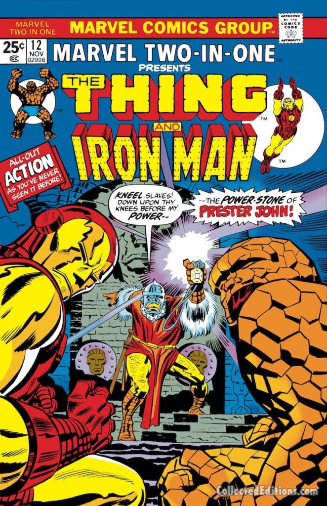 Marvel Two-In-One #12 cover; pencils, Jack Kirby; Thing/Iron Man/Prester John