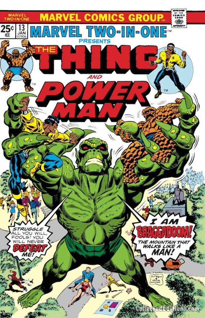 Marvel Two-In-One #13 cover; pencils, Ron Wilson; Thing/Luke Cage/Power Man/Braggadoom