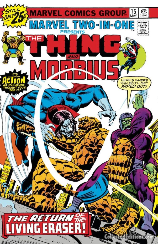 Marvel Two-In-One #15 cover; pencils, Ron Wilson Thing/Living Eraser/Morbius