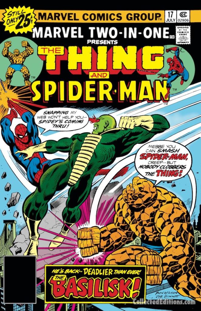 Marvel Two-In-One #17 cover; pencils, Ron Wilson; Spider-Man/Thing/Basilisk