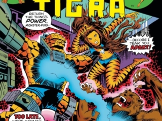 Marvel Two-In-One #19 cover; pencils, Jack Kirby; inks, Frank Giacoia; alterations, John Romita Sr. Marvel Two-In-One #19 cover; pencils, Jack Kirby; Thing/Tigra/The Cougar