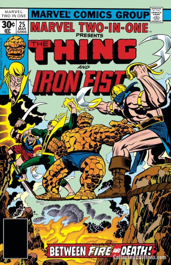 Marvel Two-In-One #25 cover; pencils, Jack Kirby; inks, Joe Sinnott; Thing/Iron Fist