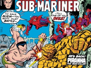 Marvel Two-In-One #28 cover; pencils, Gil Kane; inks, Pablo Marcos, Thing/Namor/Sub-Mariner/Piranha