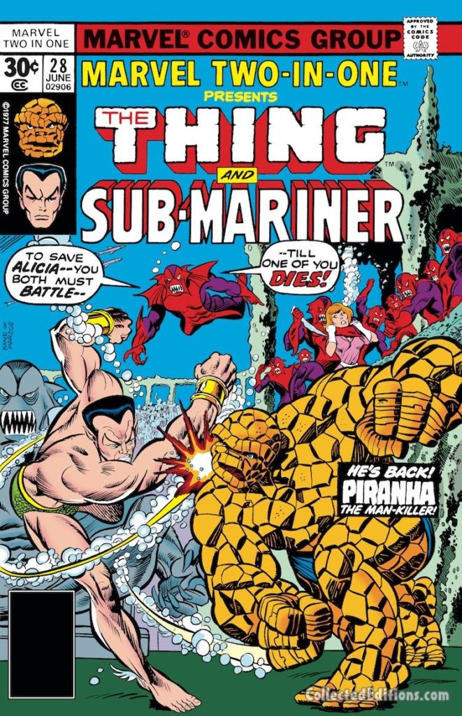 Marvel Two-In-One #28 cover; pencils, Gil Kane; inks, Pablo Marcos, Thing/Namor/Sub-Mariner/Piranha