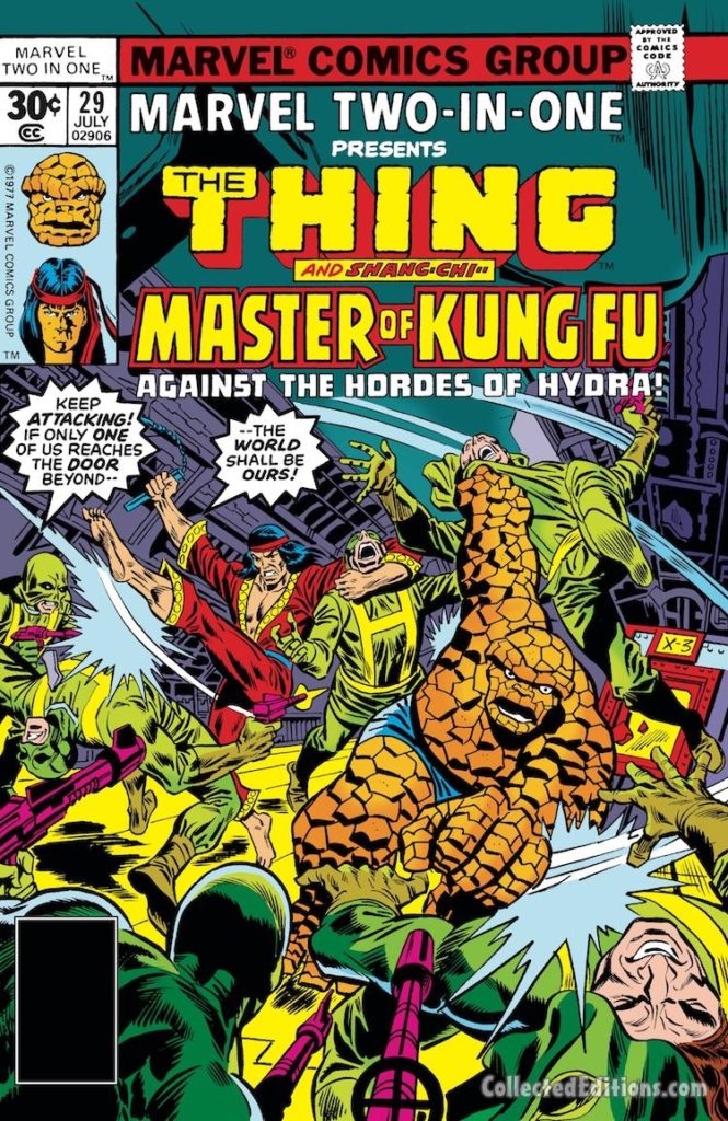Marvel Two-In-One #29 cover; pencils, Rich Buckler; Thing/Shang-Chi/Master of Kung Fu