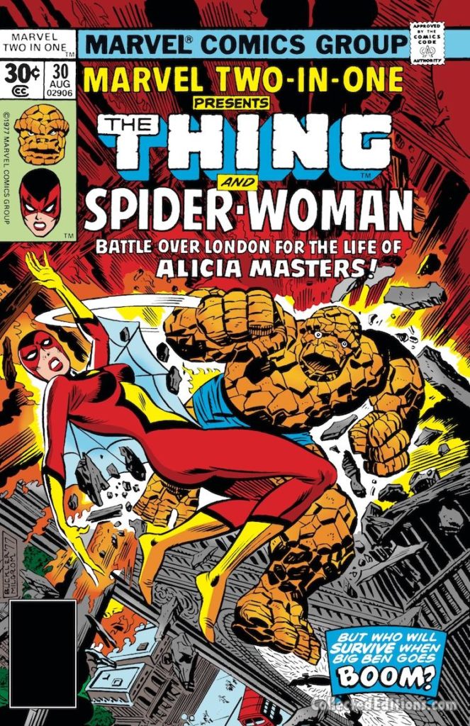 Marvel Two-In-One #30 cover; pencils, Rich Buckler; Thing/Spider-Woman/Alicia Masters