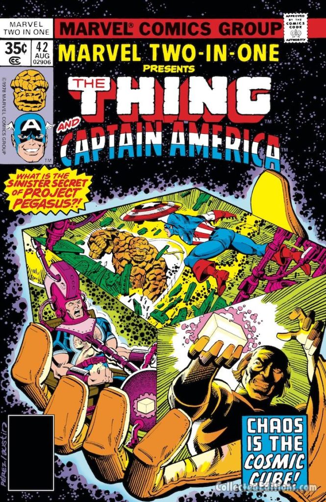 Marvel Two-In-One #42 cover; pencils, George Pérez; inks, Terry Austin; Thing/Captain America/Cosmic CCube