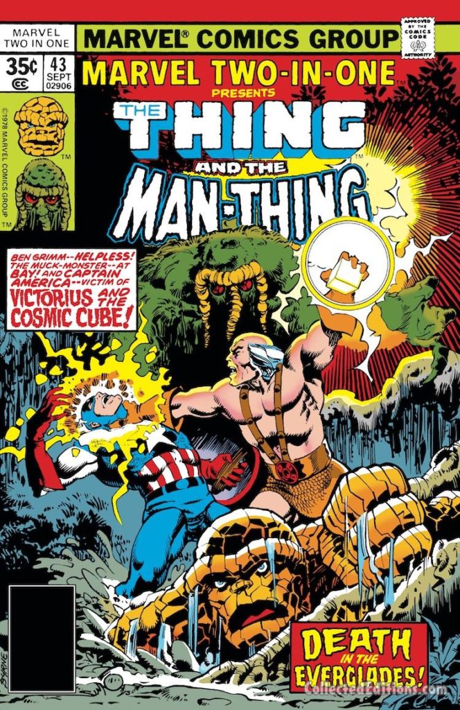Marvel Two-In-One #43 cover; pencils, John Byrne; inks, Walter Simonson; Thing/Man-Thing/Captain America