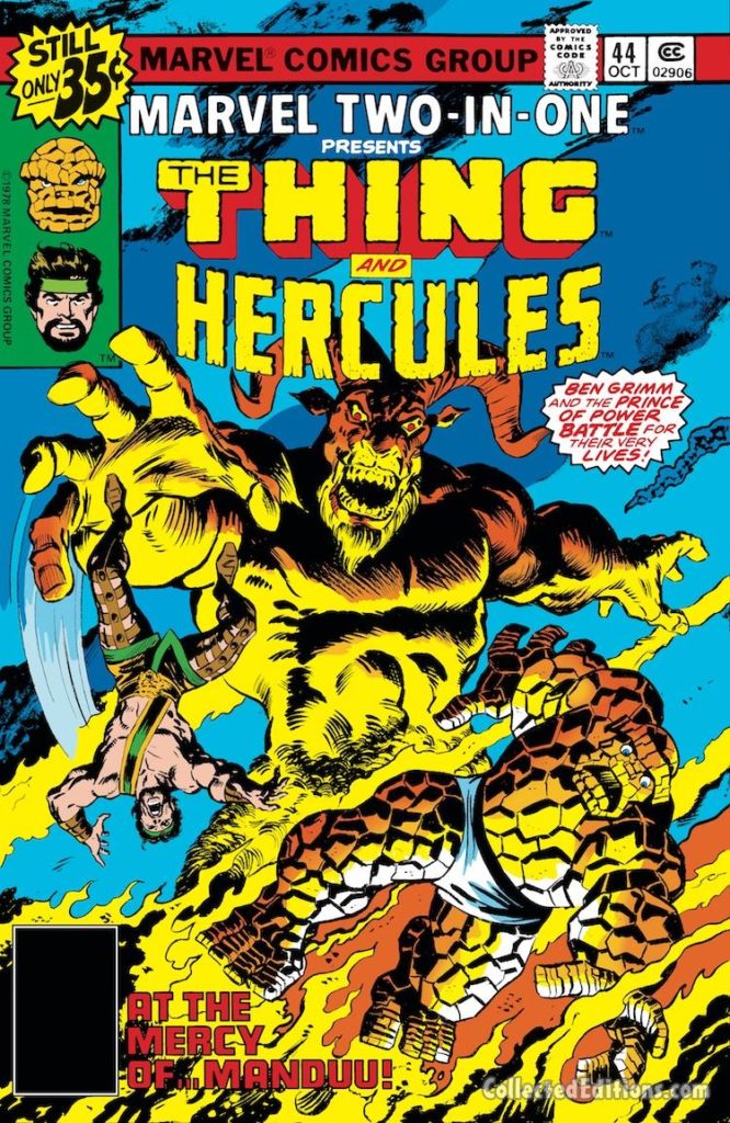 Marvel Two-In-One #44 cover; pencils and inks, Bob Hall; The Thing/Hercules/Manduu