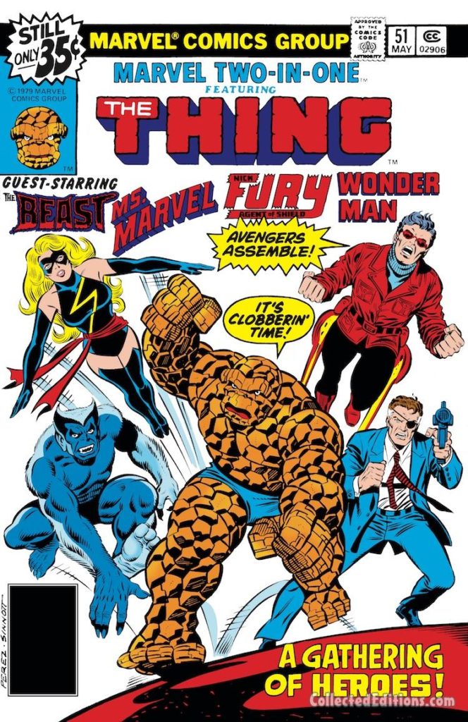 Marvel Two-In-One/Thing, Beast, Ms. Marvel, Wonder Man, Nick Fury #51 cover; pencils, George Pérez; inks, Joe Sinnott