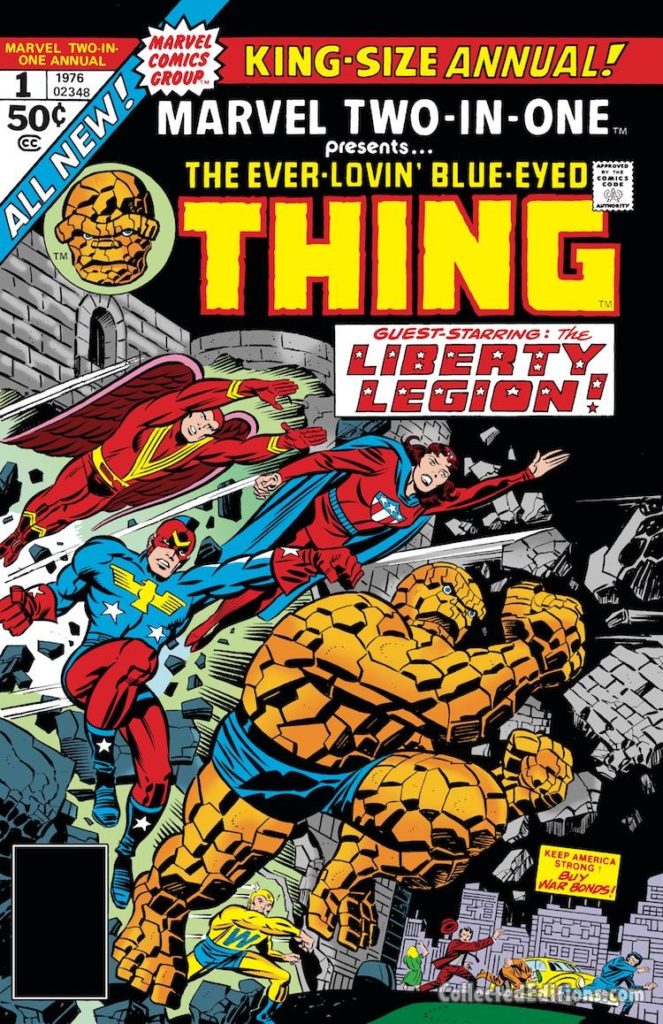 Marvel Two-In-One Annual #1 cover; pencils, Jack Kirby; Thing/Liberty Legion