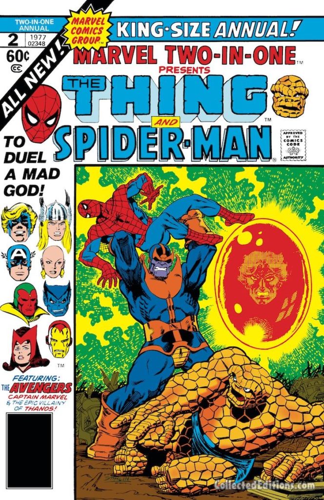 Marvel Two-In-One Annual #2 cover; pencils and inks, Jim Starlin; Thing/Spider-Man/Avengers/Thanos/Captain Marvel/Warlock