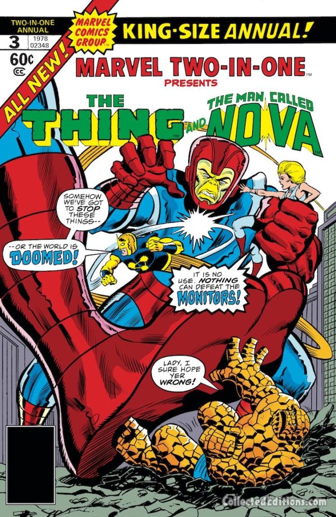Marvel Two-In-One Annual #3 cover; pencils, uncredited; inks, Pablo Marcos; The Thing/Nova/The Monitors