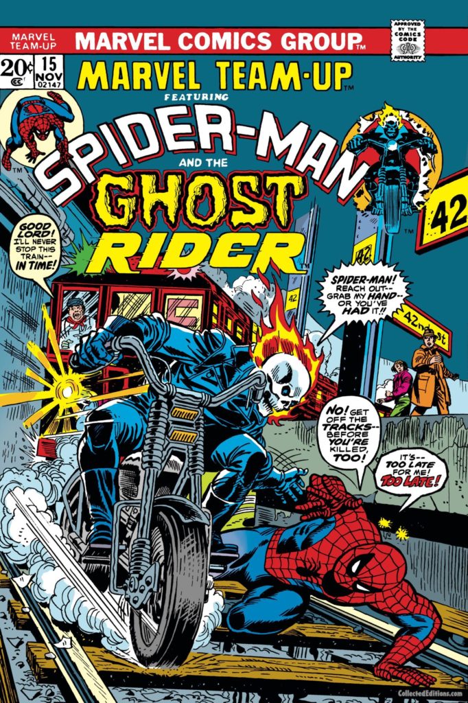 Marvel Team-Up #15 cover; pencils, Gil Kane; inks, Frank Giacoia; Spider-Man/Ghost Rider team-up