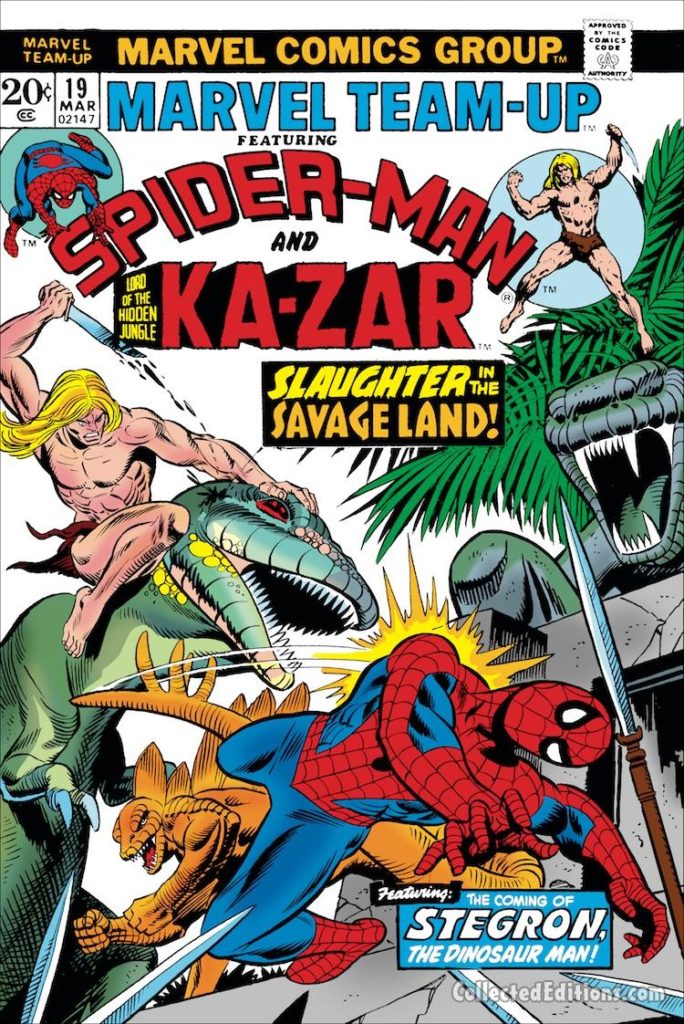 Marvel Team-Up #19 cover; pencils, Gil Kane; Spider-Man/Ka-Zar/Stegron