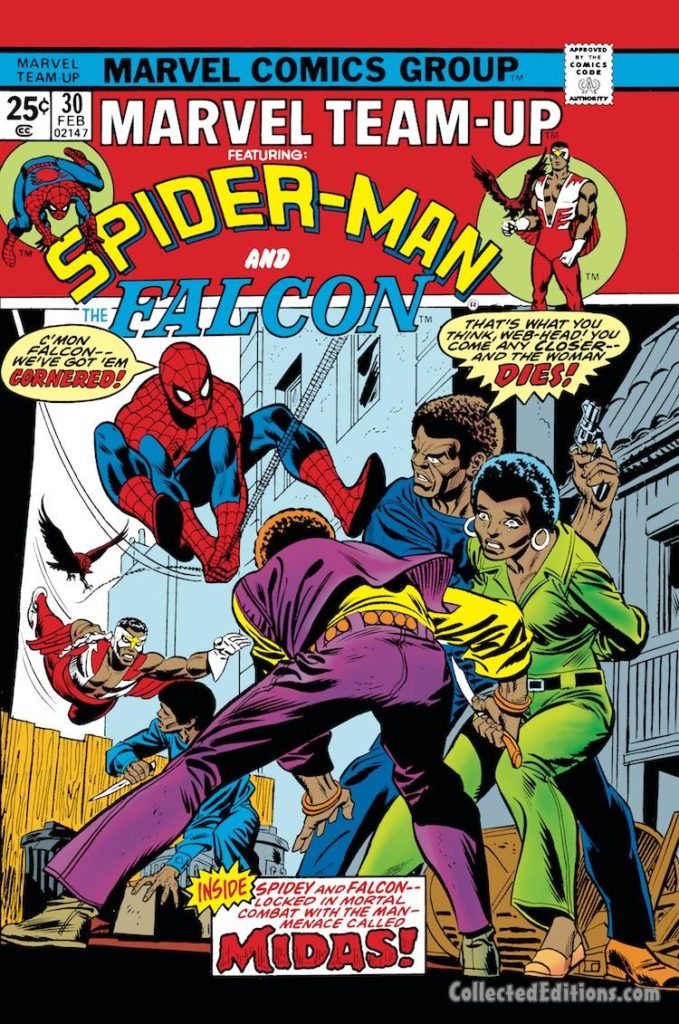 Marvel Team-Up #30 cover; pencils, Gil Kane; inks, Frank Giacoia; Spider-Man/Falcon