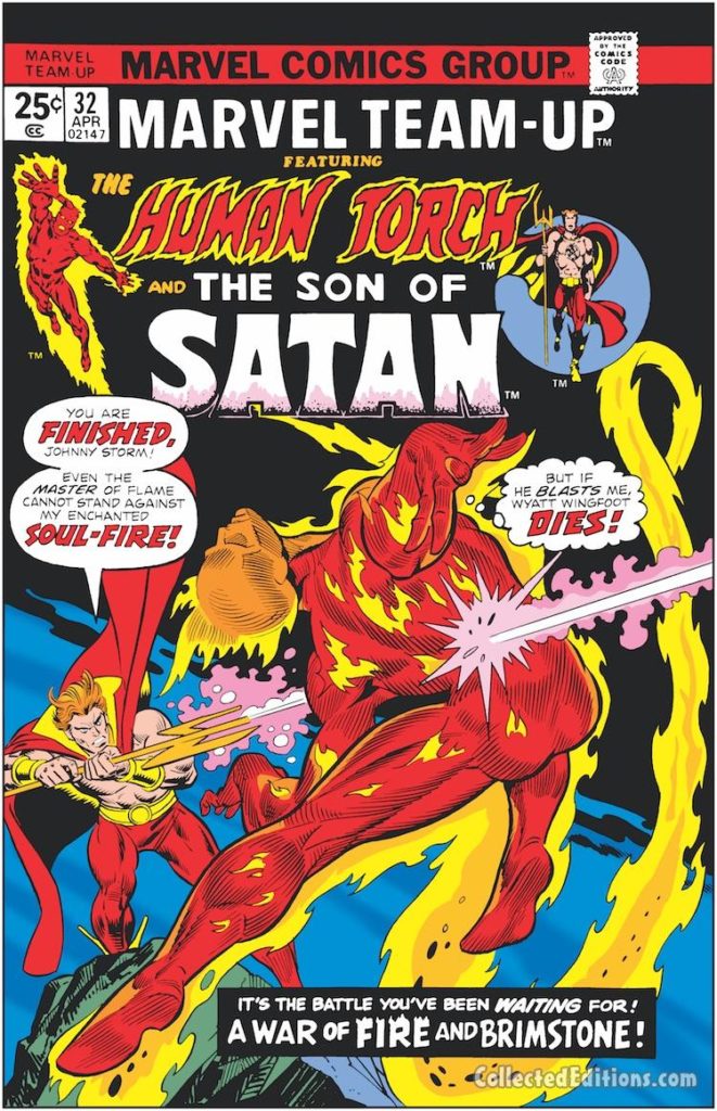 Marvel Team-Up #32 cover; pencils, Gil Kane; Human Torch/Son of Satan/Daimon Hellstrom