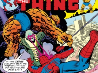Marvel Team-Up #47 cover; pencils, Gil Kane; inks, Joe Sinnott Marvel Team-Up #47 cover; pencils, Gil Kane; Thing/Spider-Man/Basilisk