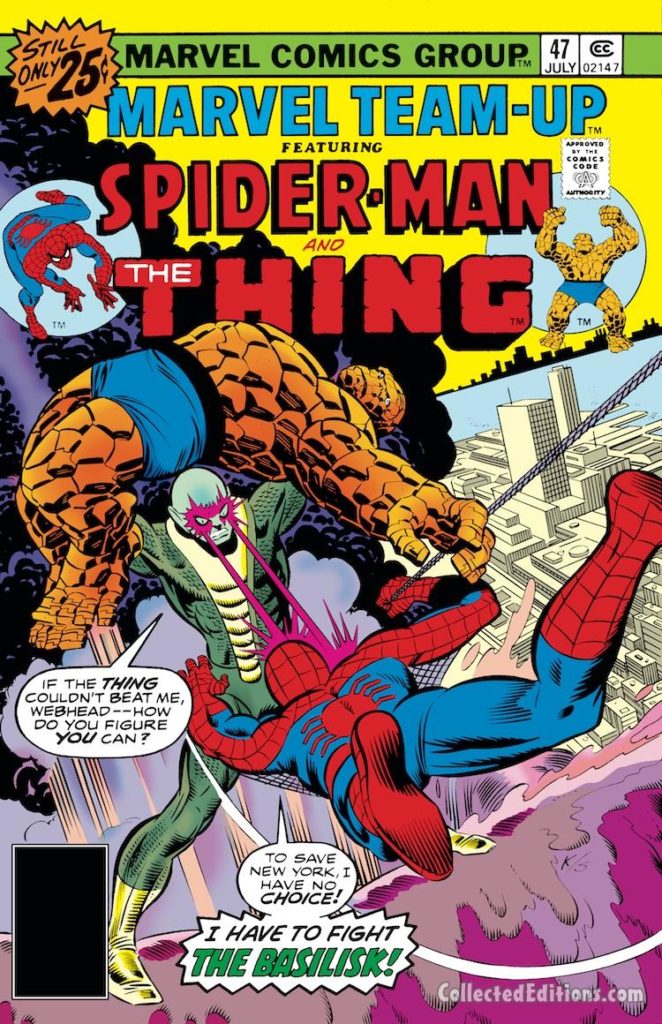 Marvel Team-Up #47 cover; pencils, Gil Kane; Thing/Spider-Man/Basilisk
