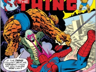 Marvel Team-Up #47 cover; pencils, Gil Kane; inks, Joe Sinnott Marvel Team-Up #47 cover; pencils, Gil Kane; Thing/Spider-Man/Basilisk