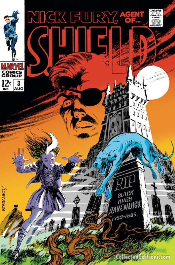 Nick Fury, Agent of S.H.I.E.L.D. #3 cover; pencils and inks, Jim Steranko; alterations, John Romita Sr., Black Hugh Ravenlock, Rachel
