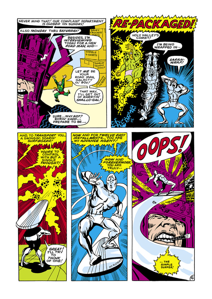 Not Brand Echh #13. The Simple Surfer in “The Origin of the Simple Surfer!”, pg. 6; pencils and inks, Marie Severin; The Silver Burper, Galactus, parody