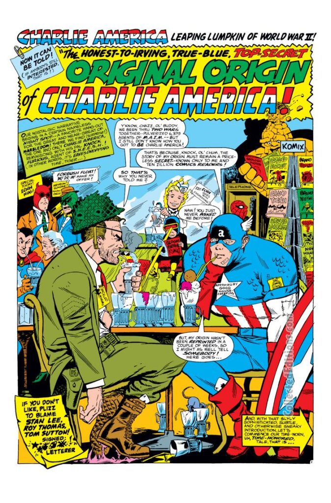 Not Brand Echh #3, pg. 17, “The Honest-to-Irving, True-Blue, Top-Secret Original Origin of Charlie America!" by Stan Lee, Roy Thomas and Tom Sutton; Knock Furious, Captain America, Nick Fury, Marvel Age parody, satire