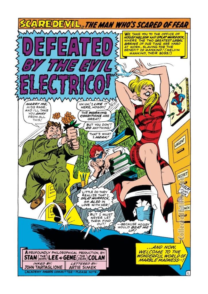 Not Brand Echh #4, Scaredevil in “Defeated by the Evil Electrico!”, pg. 1; pencils, Gene Colan; inks, John Tartaglione; Stan Lee