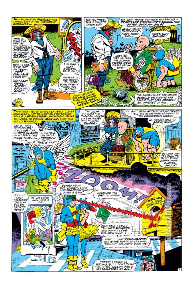 Not Brand Echh #4, pg. 18, “If Magneato-O Should Clobber Us" by Roy Thomas and Tom Sutton; Echhs-Men, X-Men parody, Marvel Age satire