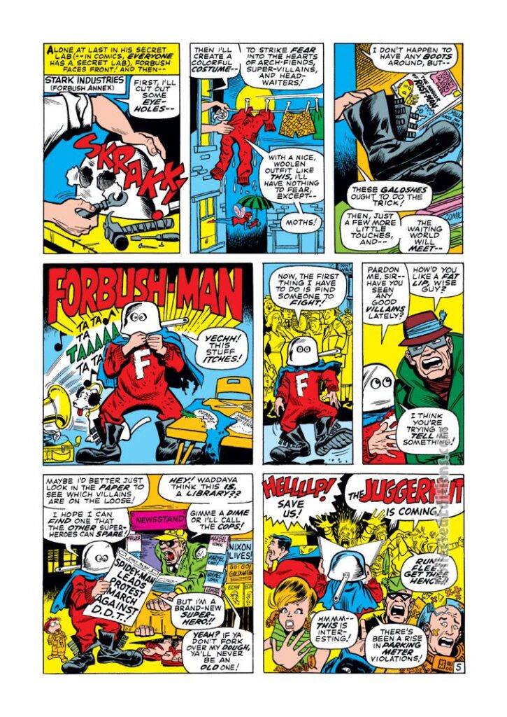Not Brand Echh #5, pg. 6, “The Origin of Forbush-Man, the Way-Out Wonder" by Stan Lee and Jack Kirby; Marvel Age satire