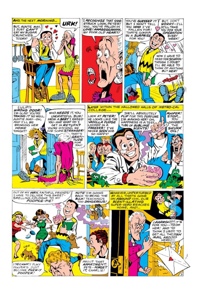 Not Brand Echh #6, pg. 19, “The Wedding of Spidey-Man, Or...With This Ring, I Thee Web" by Gary Friedrich and Marie Severin; Peter Parker, Auntie May, Spidey-Man, Marvel Age satire