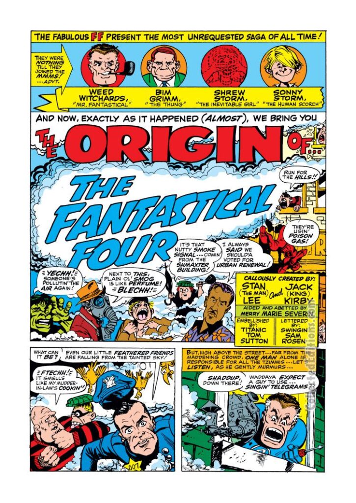 Not Brand Echh #7, pg. 2, “The Origin of the Fantastical Four" by Stan Lee, Jack Kirby and Marie Severin; Marvel Age satire, parody, humor magazine