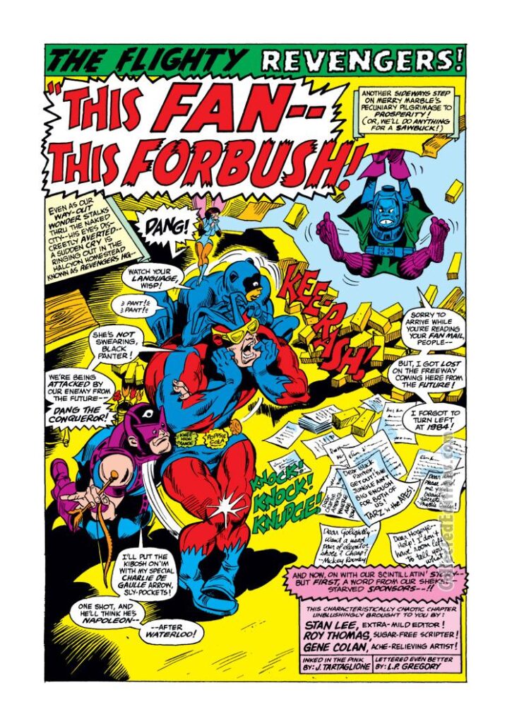 Not Brand Echh #8, pg. 5, “This Fan--This Forbush!" by Roy Thomas and Gene Colan; Irving Forbush, Forbush-Man, Wisp, Black Panter, Dang the Conqueror, Hawkeye, Wasp, Avengers, Black Panther parody