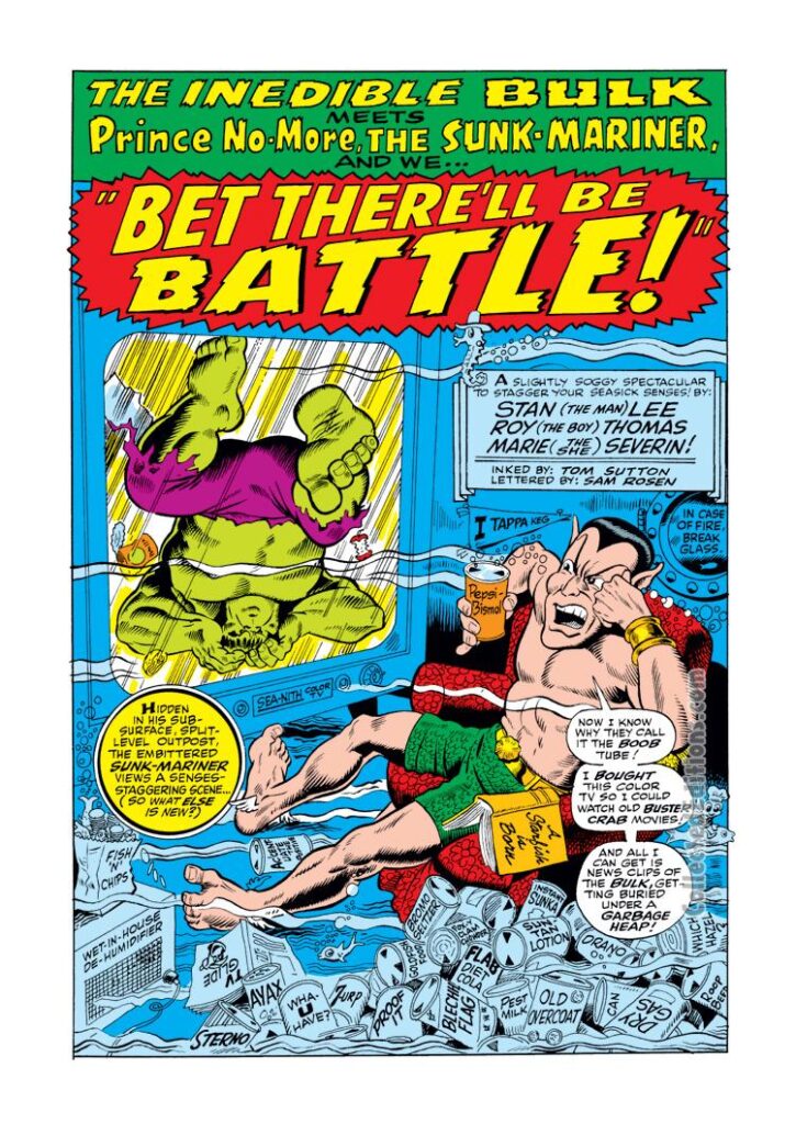 Not Brand Echh #9, pg. 2, “Bet There'll Be Battle!" by Roy Thomas and Marie Severin; Inedible Bulk vs. Prince No-More the Sunk-Mariner, Marvel Age parody