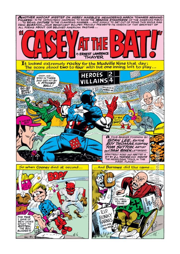 Not Brand Echh #9, pg. 11, “Casey at the Bat!" by Roy Thomas and Tom Sutton; Marvel Age satire