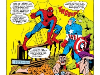 Not Brand Echh #11, pg. 46,  "Fame Is a Cross-Eyed Blind Date With B-a-a-a-d Breath!" by Arnold Drake and Marie Severin; Spidey-Man, Kraven the Hunter, Inedible Bulk, Marvel Age parody, splash page