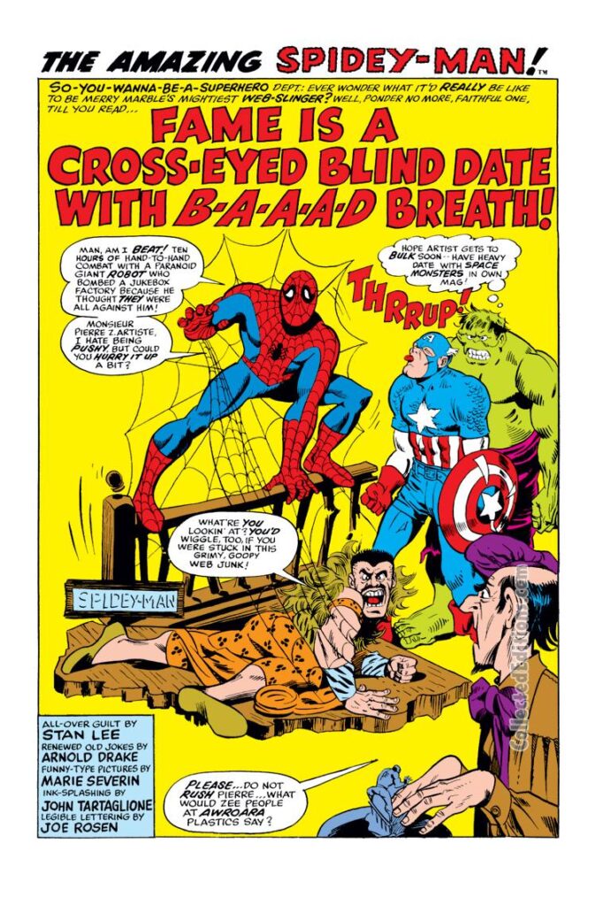 Not Brand Echh #11, pg. 46,  "Fame Is a Cross-Eyed Blind Date With B-a-a-a-d Breath!" by Arnold Drake and Marie Severin; Spidey-Man, Kraven the Hunter, Inedible Bulk, Marvel Age parody, splash page