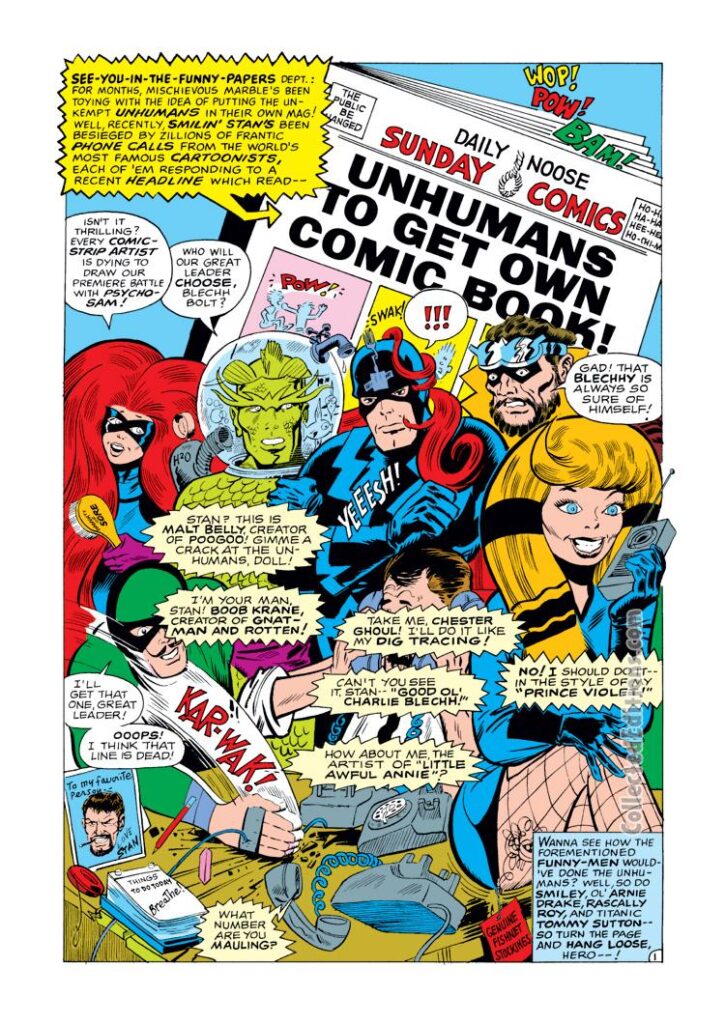 Not Brand Echh #12, pg. 12, “The Unhumans To Get Own Comic Book!" by Arnold Drake, Roy Thomas and Tom Sutton; Inhumans parody