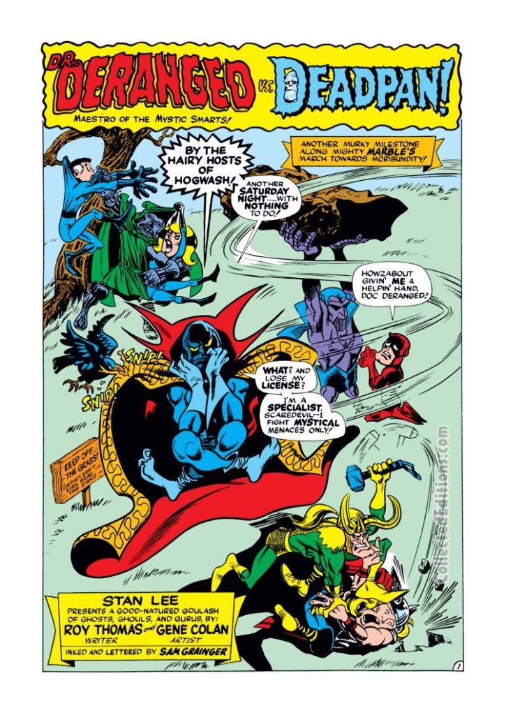 Not Brand Echh #13, pg. 29, “Dr. Deranged vs. Deadpan!" by Roy Thomas and Gene Colan; Dr. Deranged vs. Deadpan, Marvel Age parody, DC Comics parody, satire
