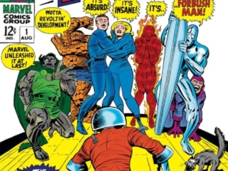 Not Brand Echh #1 cover; pencils, Jack Kirby; inks, Mike Esposito; first appearance Forbush-Man, Irving Forbush, Fantastic Four, Doctor Doom, Silver Burper, Roy Thomas, Stan Lee, Sol Brodsky, Gary Friedrich; Marvel Age satire, slapstick comedy, humor magazine