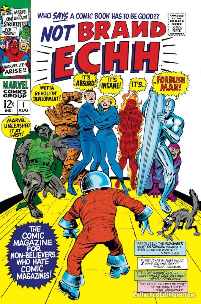 Not Brand Echh #1 cover; pencils, Jack Kirby; inks, Mike Esposito; first appearance Forbush-Man, Irving Forbush, Fantastic Four, Doctor Doom, Silver Burper, Roy Thomas, Stan Lee, Sol Brodsky, Gary Friedrich; Marvel Age satire, slapstick comedy, humor magazine