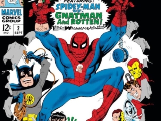 Not Brand Echh #2 cover; pencils and inks, Marie Severin; Spidey-Man vs. Gnatman and Rotten, Ironed Man, Magnut Robot Biter, Knock Furious, Agent of S.H.E.E.S.H., Blunder Agents